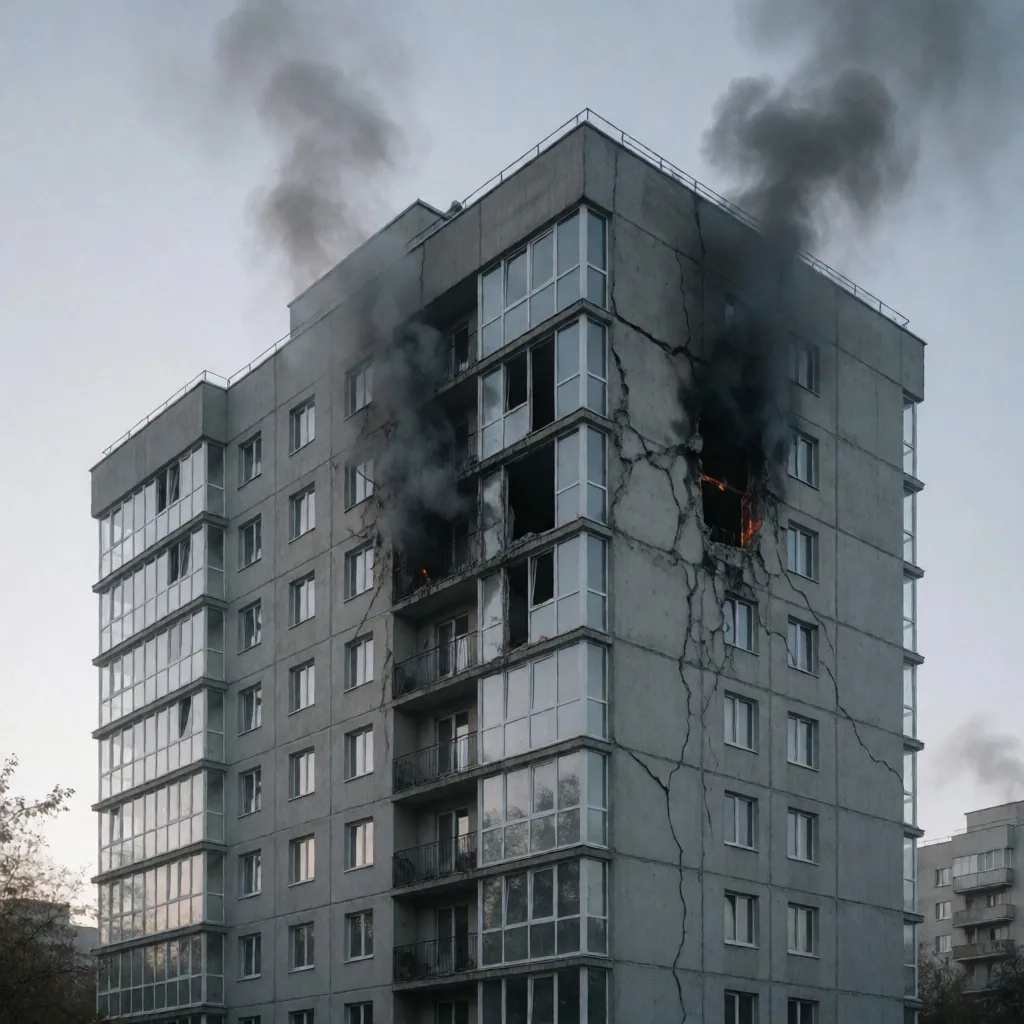 Edificio residencial en Sebastopol con daños en los pisos superiores tras un impacto de dron