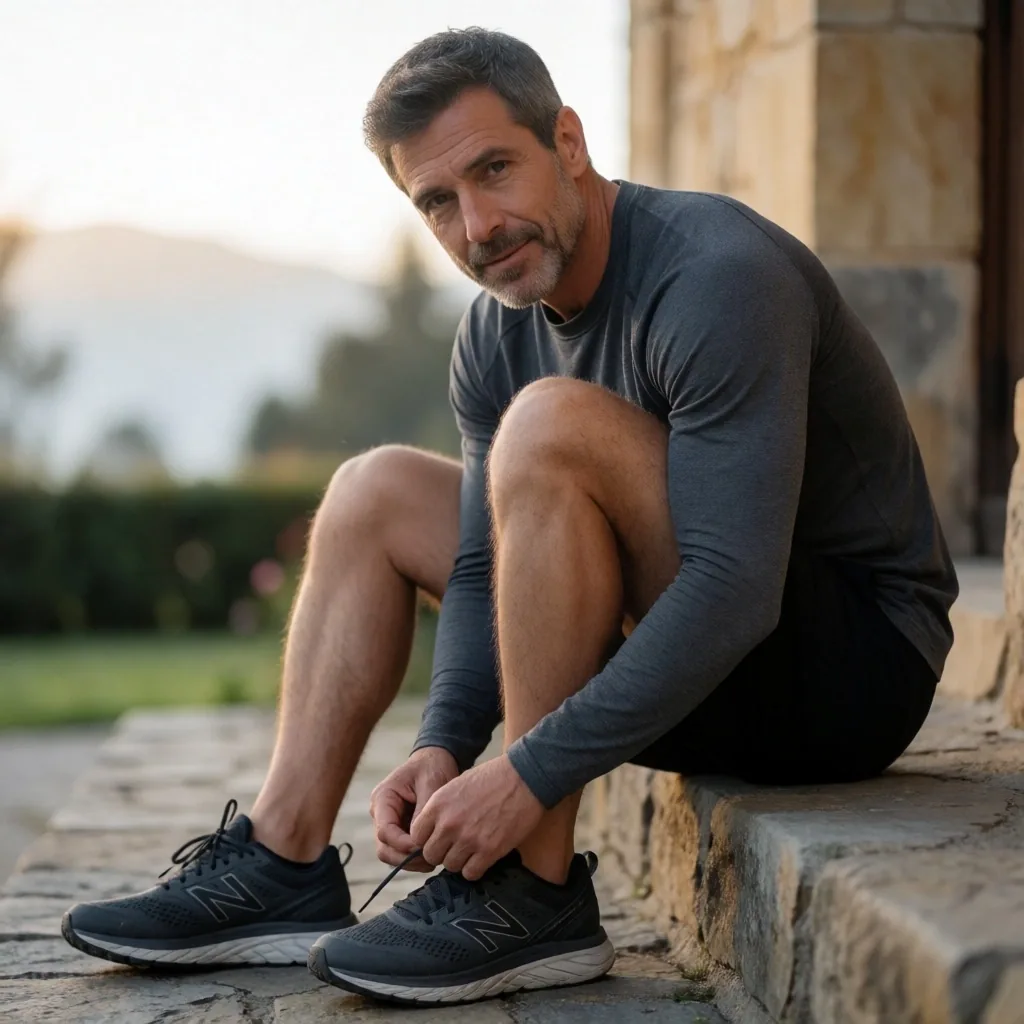 Hombre atándose las zapatillas al amanecer