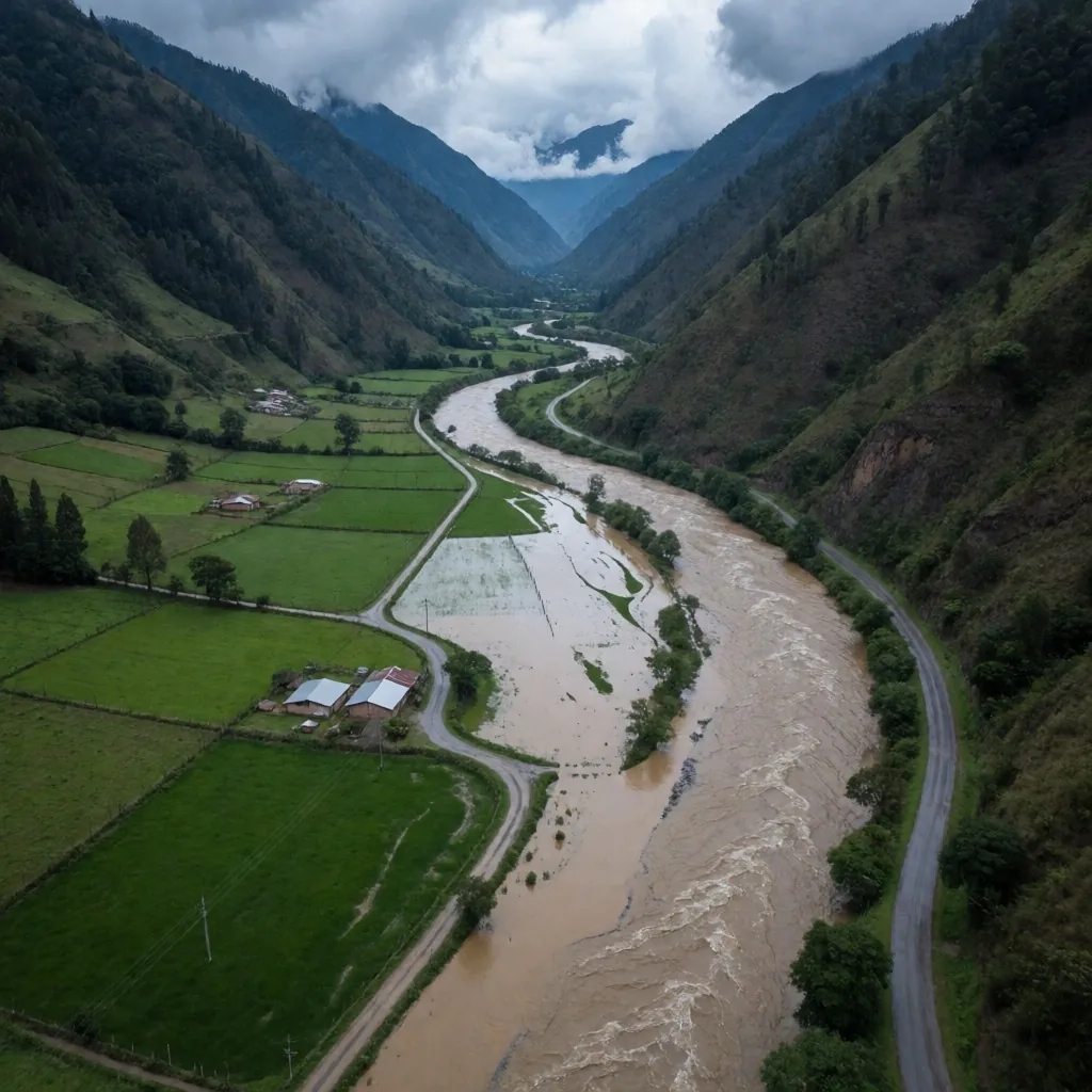 Inundación en un valle montañoso visto desde el aire