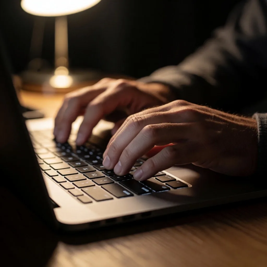 Persona escribiendo en un portátil en un escritorio con luz cálida