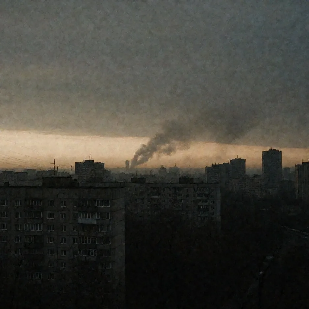 Horizonte de Kiev al amanecer con columnas de humo a la distancia