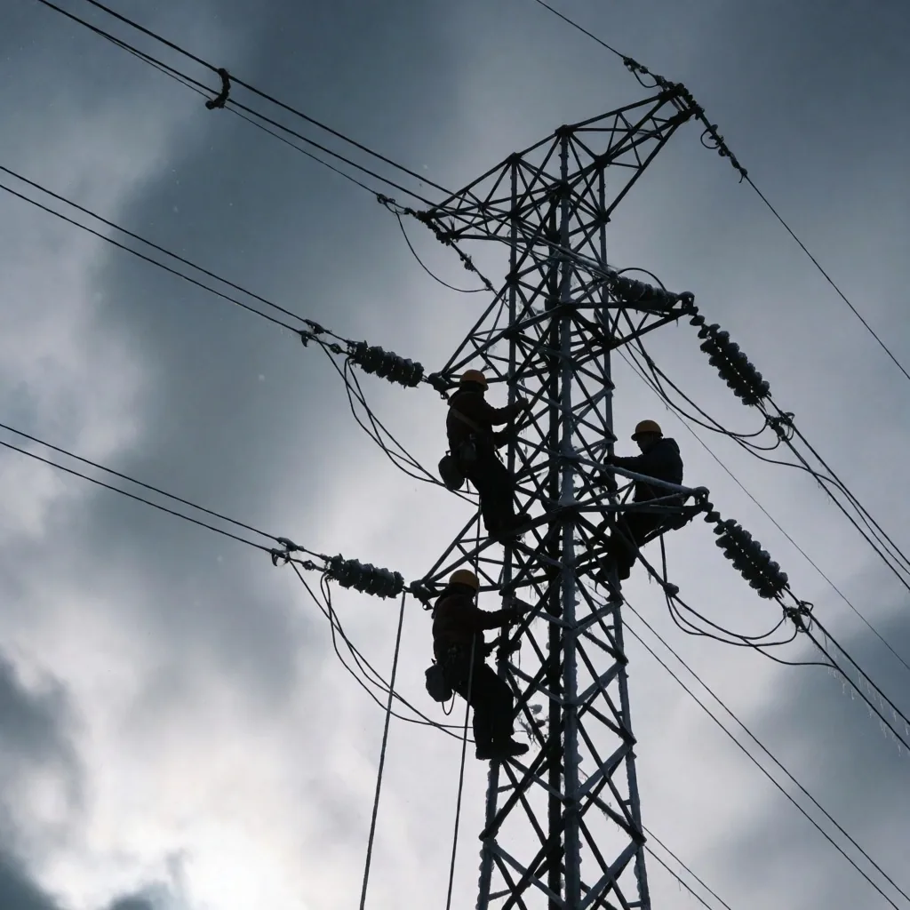 Trabajadores eléctricos reparan una subestación dañada al anochecer