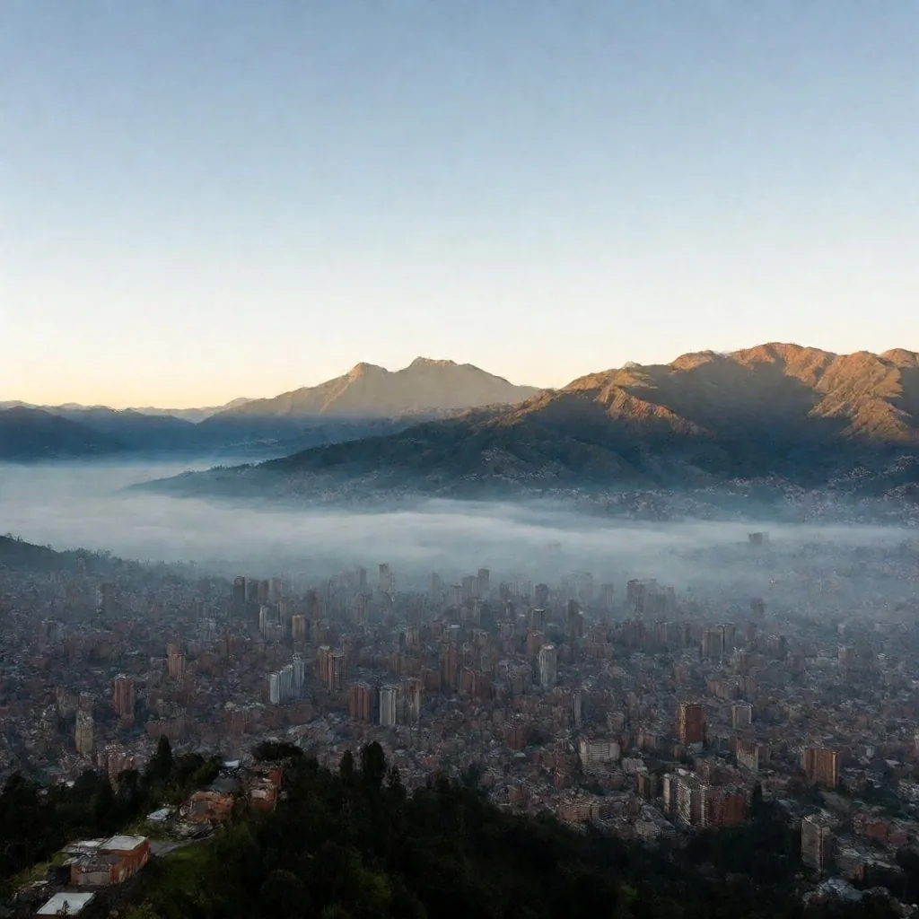 Amanecer sobre Medellín visto desde altura