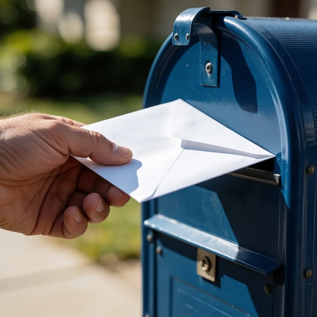 Mano introduciendo un sobre de voto por correo en un buzón postal