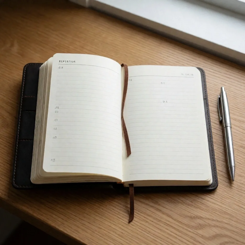 Cuaderno de notas con lupa sobre escritorio editorial