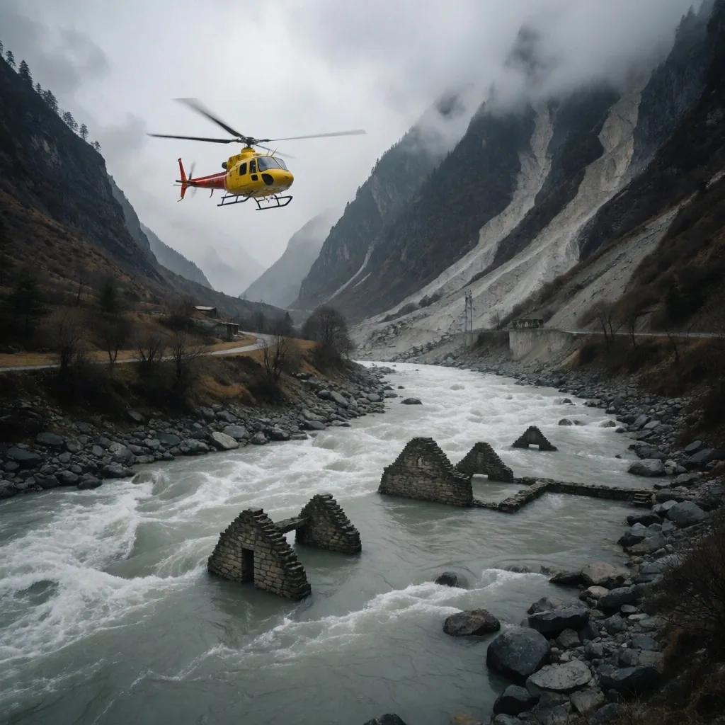Helicóptero de rescate sobrevolando valle inundado del Himalaya