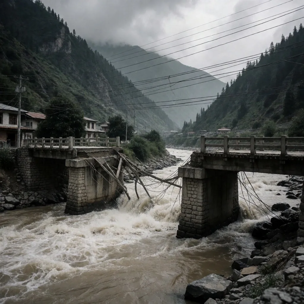 Puente colapsado sobre río inundado en el Himalaya