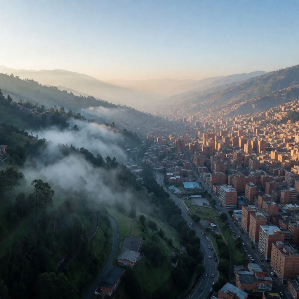 Amanecer sobre el valle de Medellín con las montañas andinas al fondo