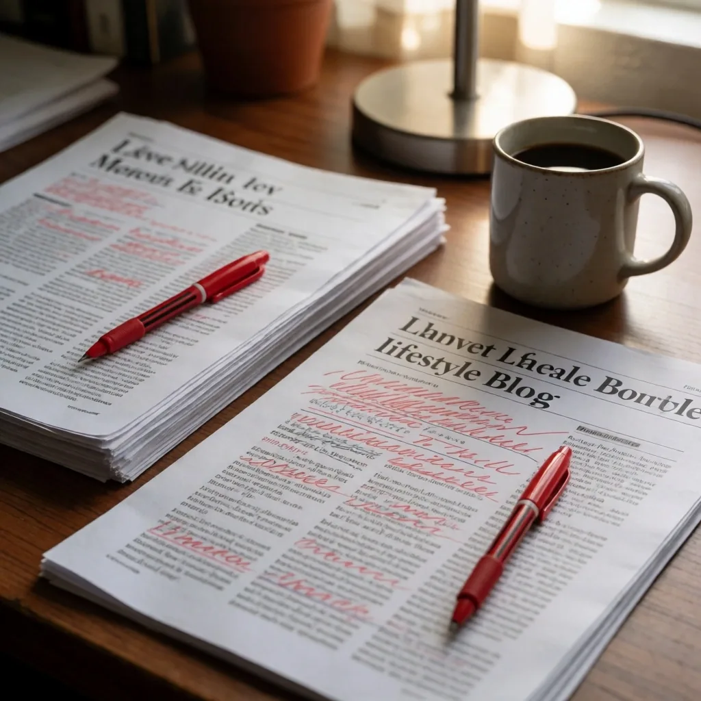 Escritorio de redacción con borradores y marcas editoriales