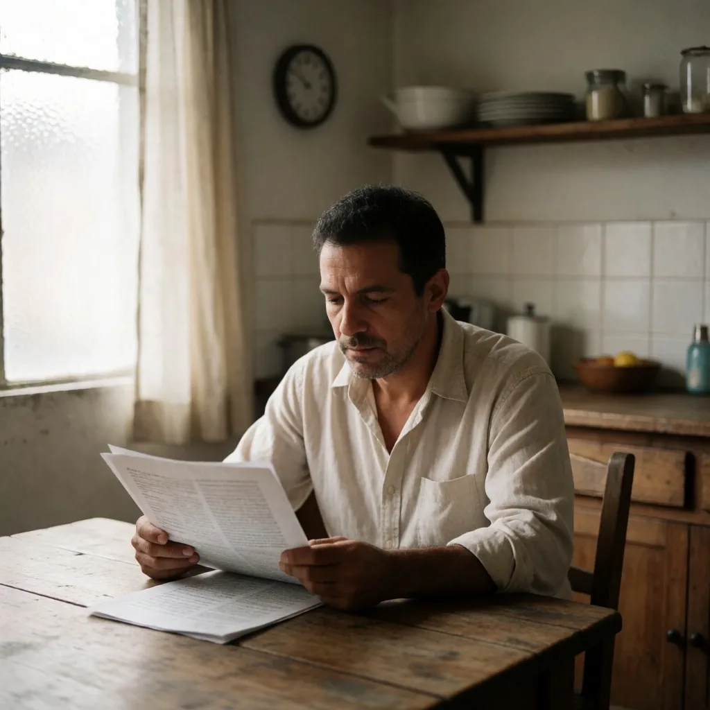 Hombre colombiano leyendo el periódico en su mesa de cocina