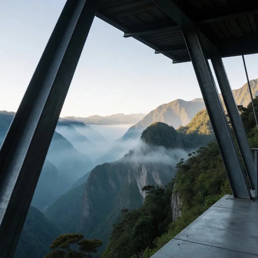Amanecer sobre las montañas de los Andes visto desde una estructura de metal frío