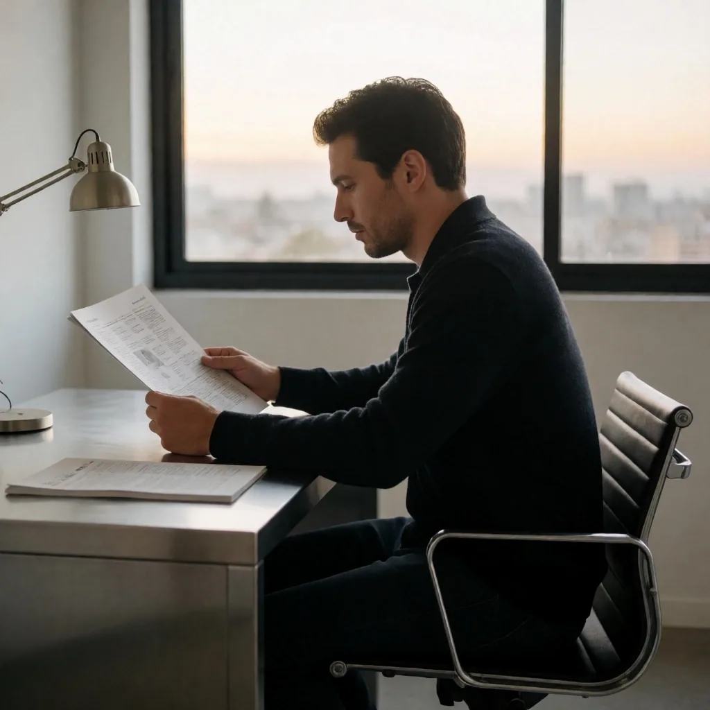 Hombre colombiano leyendo una publicación científica junto a una ventana al amanecer