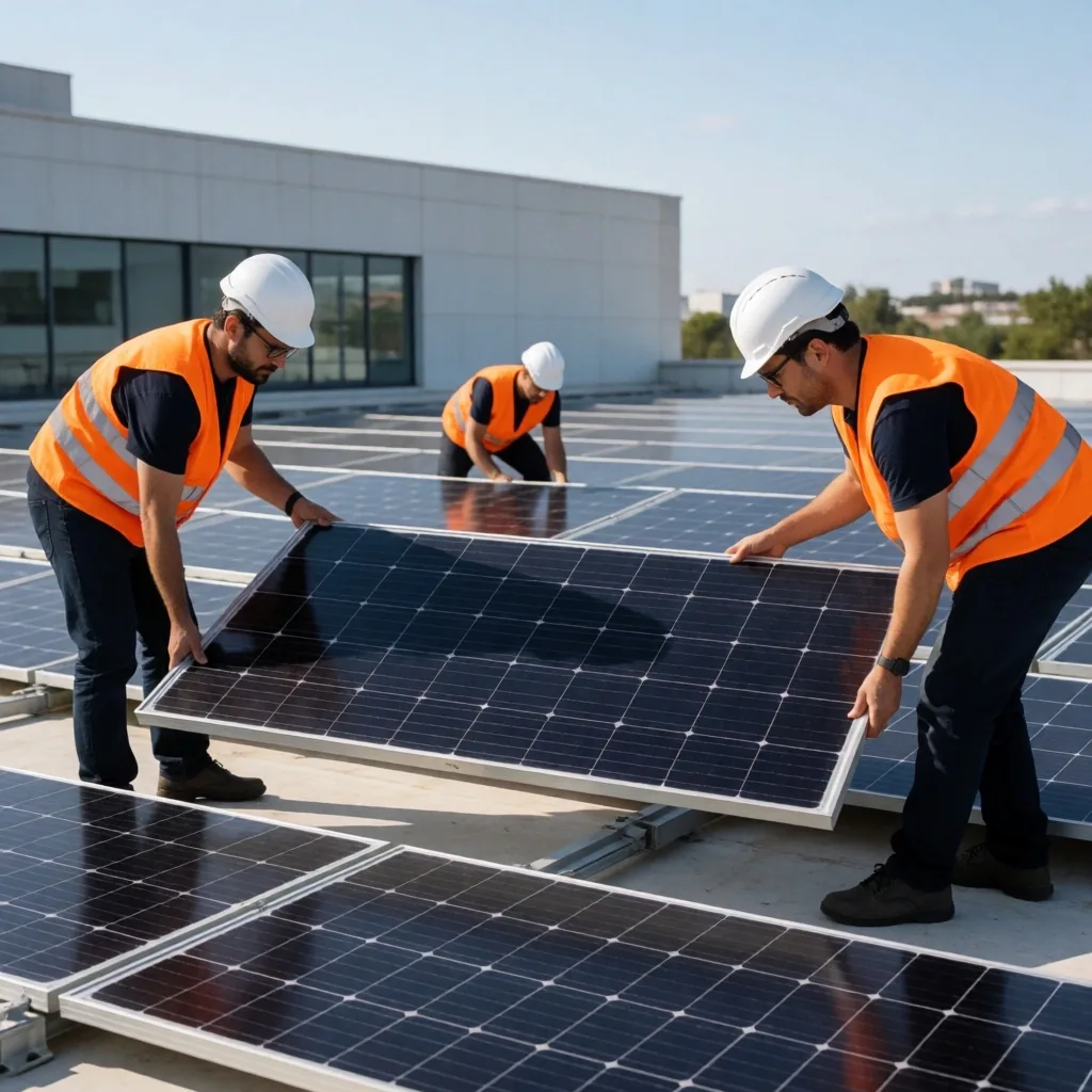 Instalación de paneles solares en un proyecto de infraestructura verde en Portugal