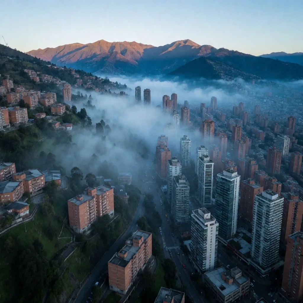 Amanecer sobre el valle de Medellín desde una perspectiva aérea
