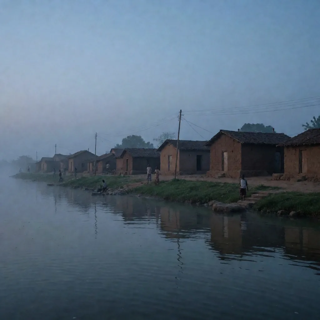 Aldea rural junto al río en Nigeria al amanecer