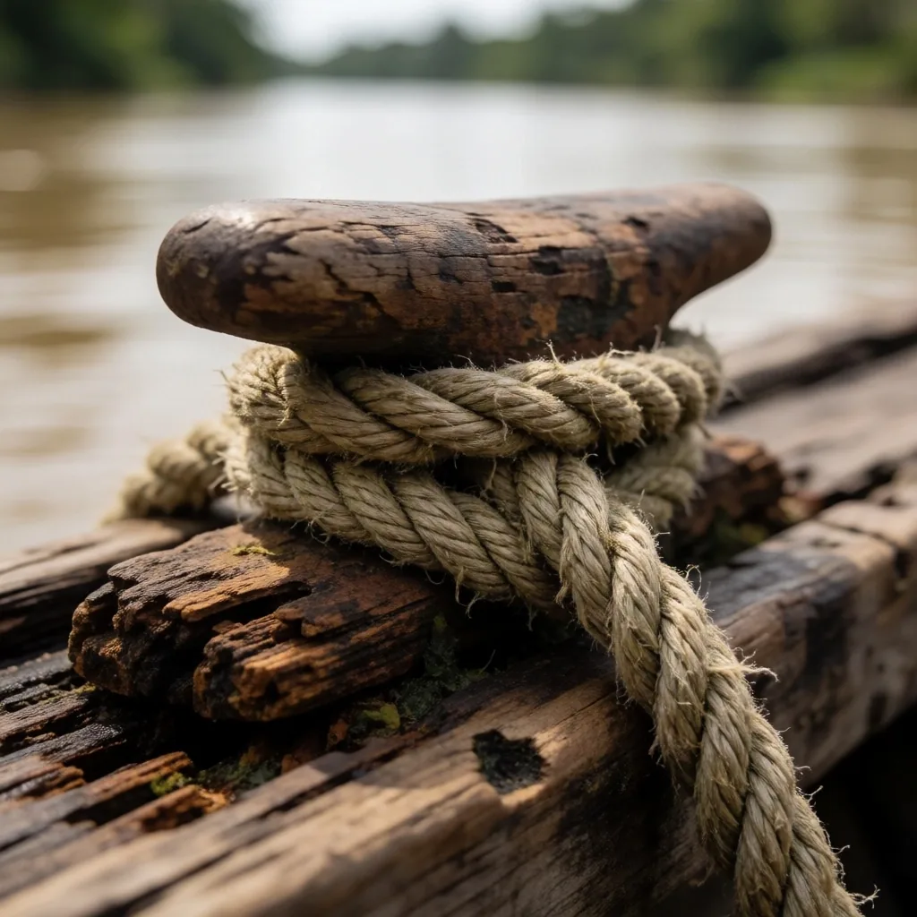 Casco de barca de madera deteriorada en la orilla de un río