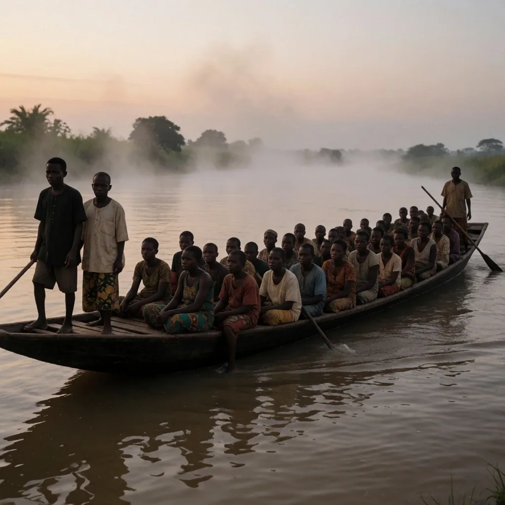 Embarcación sobrecargada cruzando un río en el noroeste de Nigeria al amanecer